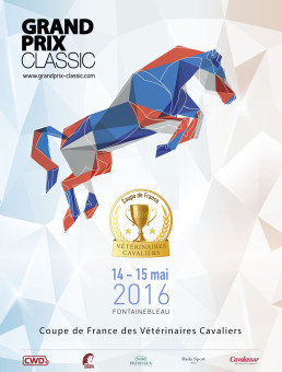 Affiche dédiée à la Coupe de France des Vétérinaires Cavaliers, intégrant un trophée doré.