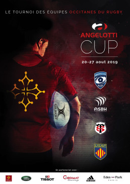 Affiche sombre et dynamique d'un joueur de rugby arborant la croix occitane, avec les d&eacute;tails du tournoi.