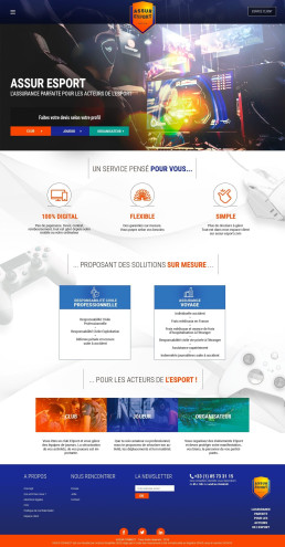 Page d'accueil présentant les services d'assurance dédiés à l'e-sport.