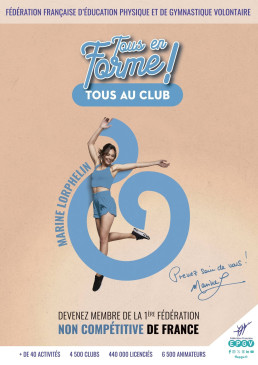 L'image est une affiche promotionnelle dynamique présentant une femme en tenue de sport, Marine Lorphelin, intégrée dans une grande forme graphique stylisée en bleu évoquant un chiffre 8 ou le symbole de l'infini. Le visuel, sur un fond texturé couleur pêche, est agrémenté de titres et messages typographiques en bleu, annonçant la Fédération Française d'Éducation Physique et de Gymnastique Volontaire.