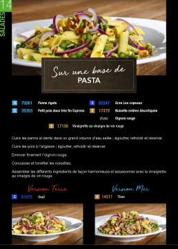 Page de catalogue détaillant une recette de pâtes avec variantes et instructions.