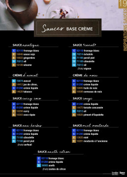 Page de catalogue présentant des recettes de sauces à base de crème.