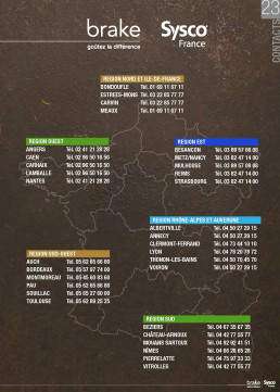 Page de contacts avec informations régionales et logos Brake Sysco France.