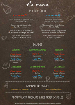 Page de menu illustrée présentant diverses catégories de plats et suggestions.