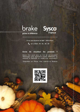 Contre-couverture du catalogue avec logos, informations de contact et décor automnal.