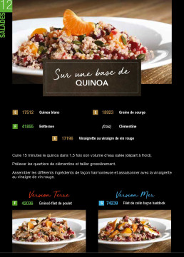 Cette image présente une page de menu ou de recette illustrant des salades de quinoa avec diverses garnitures. Elle est composée de photographies culinaires appétissantes, de textes descriptifs et d'une mise en page claire sur un fond sombre, mettant en valeur les couleurs vives des ingrédients.