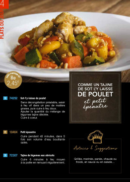Page de catalogue présentant un tajine de poulet avec épeautre et légumes.