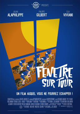 Affiche stylisée inspirée d'un film, montrant des cyclistes à travers une fenêtre.