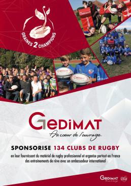 Affiche promotionnelle Gedimat 'Graine 2 Champions' pour le rugby, mélangeant photos et logos.