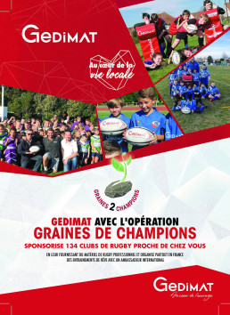 Deuxième version de l'affiche Gedimat 'Graine de Champions' avec un accent sur la vie locale.