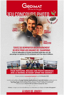 Affiche de jeu concours photo Gedimat 'Graine 2 Champions' avec des ambassadeurs rugby.