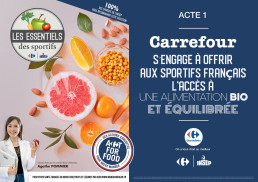 Mise en page graphique présentant le programme, ses objectifs et des aliments sains avec une nutritionniste.