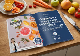 Maquette physique d'une double page du programme sur un comptoir de cuisine, entourée d'aliments frais.