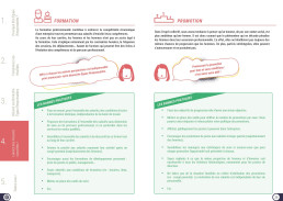 Pages dédiées à la formation et à la promotion avec icônes et bulles de dialogue de conseils.