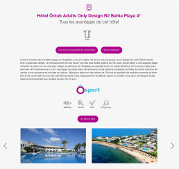 Page web détaillant un hôtel Oclub, mettant en avant les activités sportives proposées.