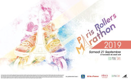 Affiche artistique pour un marathon de rollers à Paris, mêlant illustration et typographie dynamique.