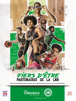 Cette image est une illustration dynamique pr&eacute;sentant plusieurs joueurs de basketball stylis&eacute;s dans une composition en collage, avec des textures de papier d&eacute;chir&eacute; et des touches de couleur verte. Elle promeut le partenariat de la LNB, affichant des logos de marques en bas.