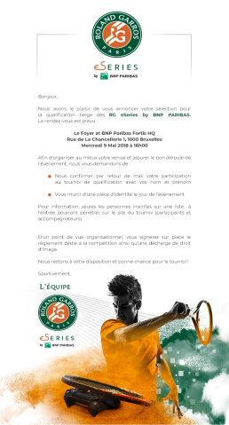 E-mail de confirmation d'inscription au tournoi, intégrant le visuel principal et les informations.