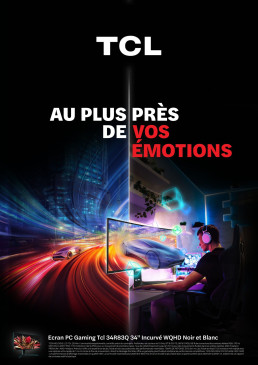 Un gamer immersif sur un &eacute;cran TCL, juxtapos&eacute; &agrave; une sc&egrave;ne de course automobile futuriste et dynamique.