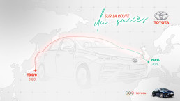 Affiche illustrant le parcours de Toyota des JO de Tokyo à Paris 2024 sur une carte stylisée.