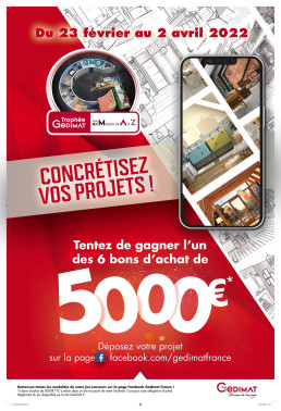 Affiche promotionnelle pour le Trophée Gedimat avec un smartphone présentant des intérieurs design.