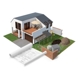 Illustration 3D isométrique détaillée d'une maison en construction, accompagnée de plans d'architecte.