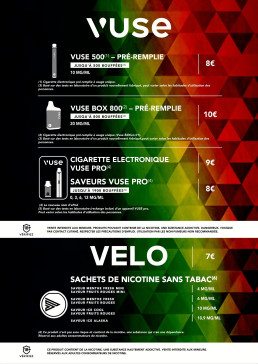 Affiche promotionnelle num&eacute;rique d&eacute;taillant les produits Vuse et Velo avec leurs caract&eacute;ristiques et prix.