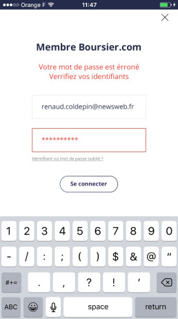Écran de connexion affichant un message d'erreur d'identifiants avec le clavier visible.