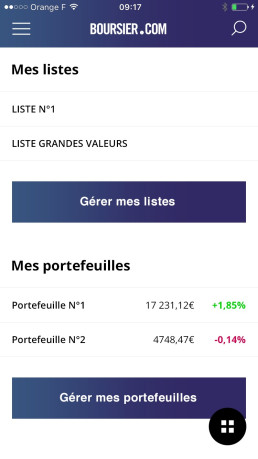 Interface de gestion des listes personnalisées et des portefeuilles d'investissement.