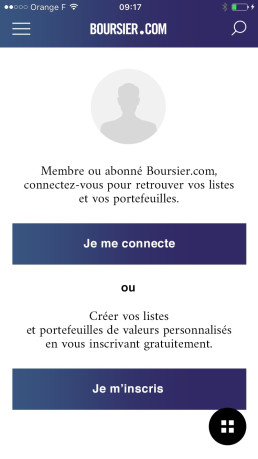 &Eacute;cran de connexion et d'inscription mobile avec le logo Boursier.com.