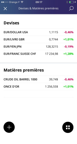 Interface mobile affichant les cours actualisés des devises et matières premières.