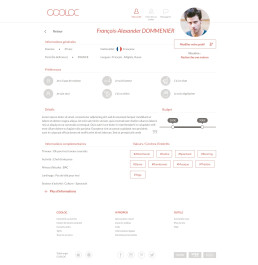 Maquette d'une page de profil utilisateur détaillée avec informations et préférences personnalisées.