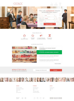 Conception de la page d'accueil pr&eacute;sentant le concept et les avantages de la colocation.