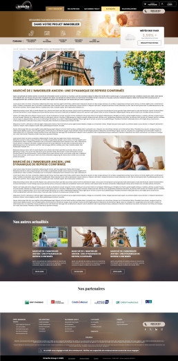 Page desktop dédiée aux actualités immobilières avec articles détaillés et visuels.