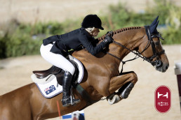 Cavalier et cheval en action lors d'un concours hippique, avec le logo Fences intégré.