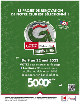 Affichette promotionnelle du trophée Gedimat Édition Rugby avec le logo central et informations.