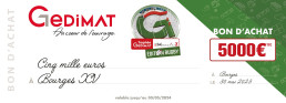 Maquette d'un bon d'achat Gedimat de 5000€, intégrant les éléments visuels du projet.