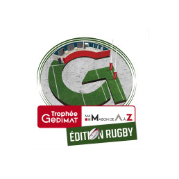 Logo principal du Troph&eacute;e Gedimat &Eacute;dition Rugby, combinant stade, terrain et texte.