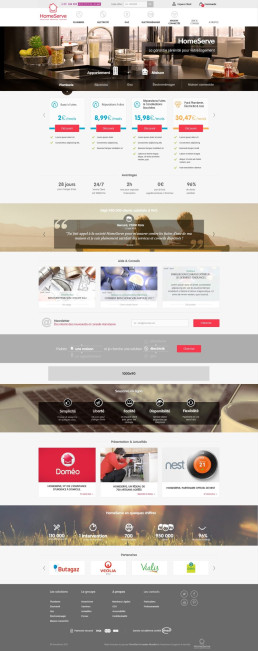 Page d'accueil Homeserve pr&eacute;sentant diverses offres de services, t&eacute;moignages et partenaires.