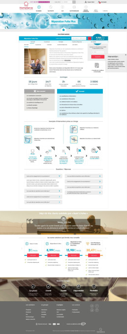 Capture d'écran de la page Homeserve 'Réparation Fuite Plus' avec une touche turquoise.