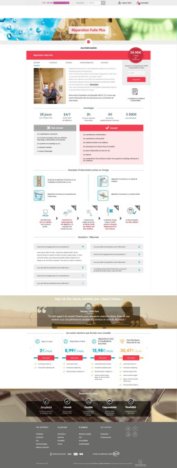 Capture d'écran complète d'une page de service Homeserve dédiée à la réparation de fuites.