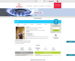 Page web Homeserve présentant l'offre 'Solutions Gaz' avec description détaillée et tarifs.