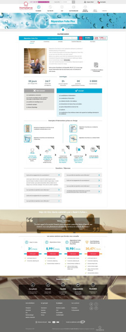 Page de service Homeserve 'Réparation Fuite Plus' affichant une palette de couleurs bleues.