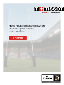 Écran de confirmation de participation sur fond flou de terrain de rugby.