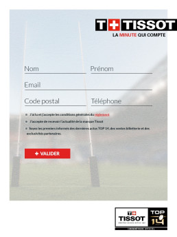 Formulaire d'inscription pour le jeu-concours sur fond de terrain de rugby.