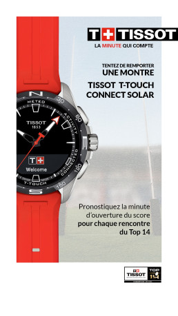 Promotion de la montre Tissot T-Touch Connect Solar sur fond de rugby.