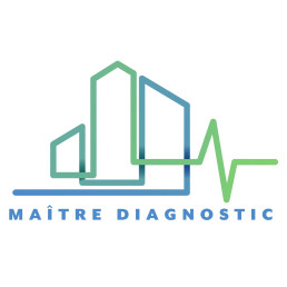 Logo de Ma&icirc;tre Diagnostic, combinant formes de b&acirc;timents et ligne de diagnostic m&eacute;dical.