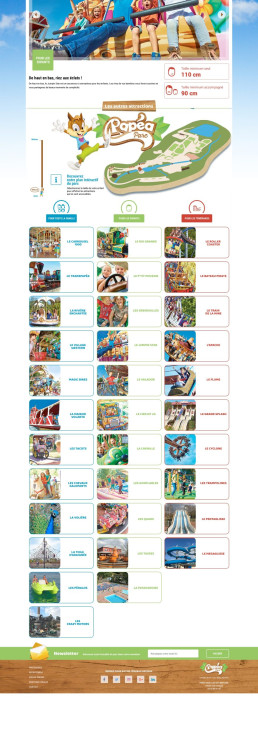 Capture mobile de la page 'Les attractions' montrant le plan du parc et la liste complète.