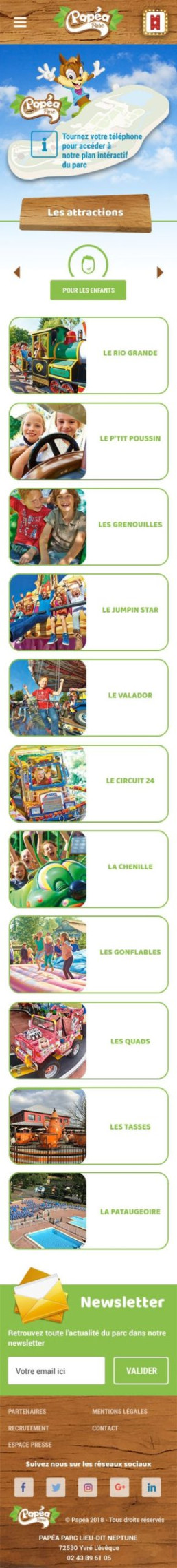 Capture mobile de la page 'Les attractions' présentant la liste des manèges et activités.