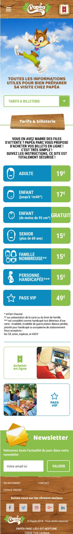 Capture mobile de la page 'Tarifs & Billetterie' détaillant les prix des entrées.